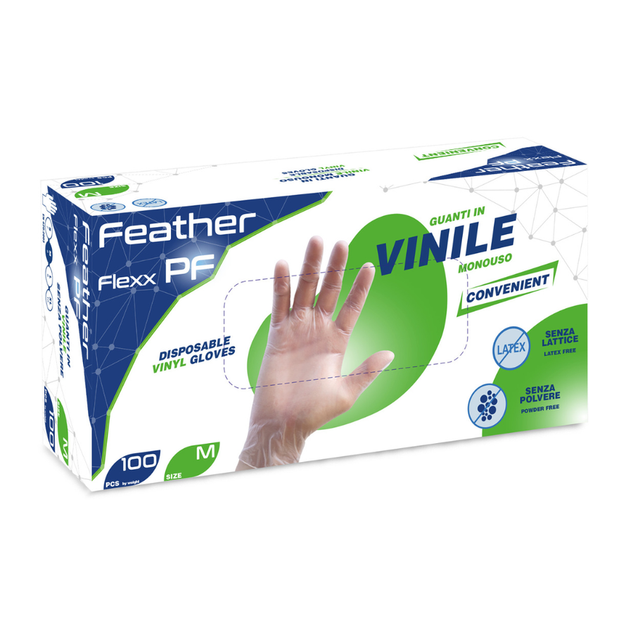 Guanti monouso in vinile senza polvere Feather Flexx - 3,8 g - 10 box da 100 pezzi