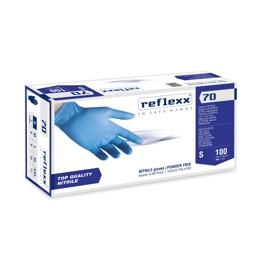 Guanti monouso in nitrile azzurro Reflexx 70 - 4,9 g - 10 box da 100 pezzi