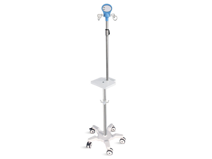 Piantana per Pompe Infusionali a 5 Ruote con Manico e Ripiano - Acciaio Inox - 4 Ganci - Portata 20 Kg