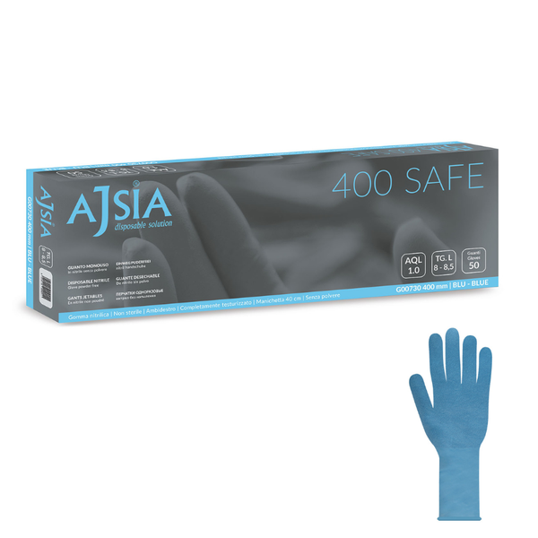 Guanti monouso nitrile blu Ajsia 400 Safe 11g, alta resistenza chimica per uso medicale e laboratorio