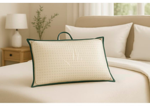 Custodia porta cuscino professionale 81x51 cm panna con bordino verde - busta salvaspazio con zip e manico TNT - ideale per hotel, ristoranti e catering