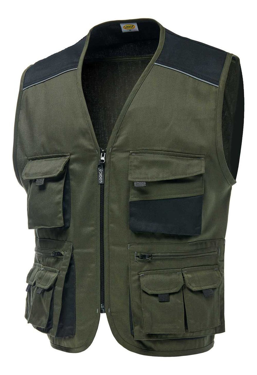 Gilet da lavoro Logica SAFARI multitasche con portabadge 190 gr - Verde oliva