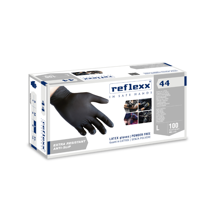 Guanti monouso in lattice nero senza polvere: Reflexx 44 - 6,2 g | R44 | 10 box da 100 pezzi