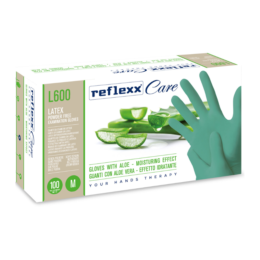 Guanti monouso in lattice con aloe Reflexx Care L600 - 6,2 g - 10 box da 100 pezzi