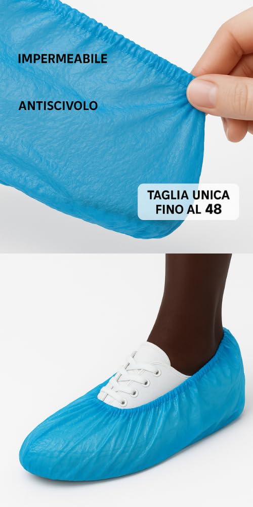 Copriscarpe Monouso CPE con Cucitura a Macchina – 50 Paia Impermeabili, Antiscivolo, Taglia Unica Fino al 48 – Per Ambienti Professionali
