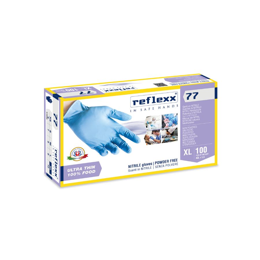 Guanti monouso in nitrile 100% Food Reflexx 77 - 3,0 g | R77100 | 10 box da 100 pezzi