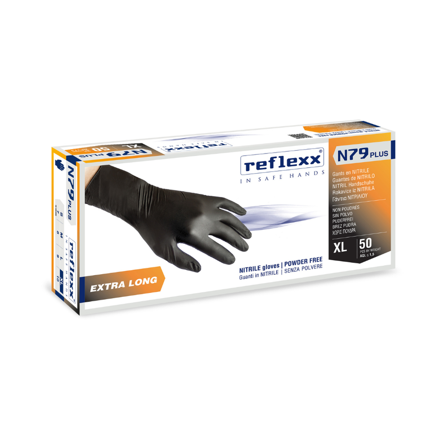 Guanti monouso in nitrile nero X-Long Reflexx N79P - 7,7 g | N79P | 10 box da 50 pezzi