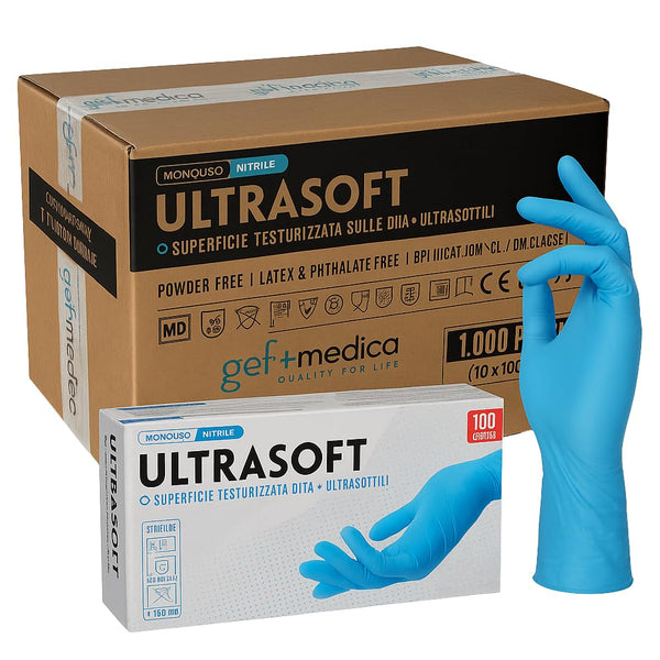 Guanti Nitrile ULTRASOFT Blu 3,0g - Pallet 960 Box - DPI III Cat. / DM Classe I - Trasporto Incluso