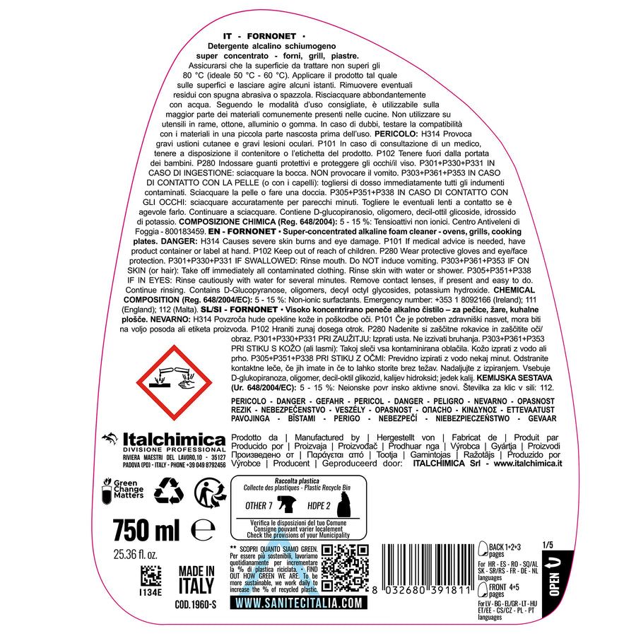 Sanitec 1960-S Fornonet - Detergente Alcalino Schiumogeno Forni Grill Piastre - Cartone 6 Flaconi da 750ml (4,5L Totali)