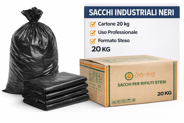 Sacchi spazzatura industriali neri professionali – cartone da 20 kg – uso intensivo