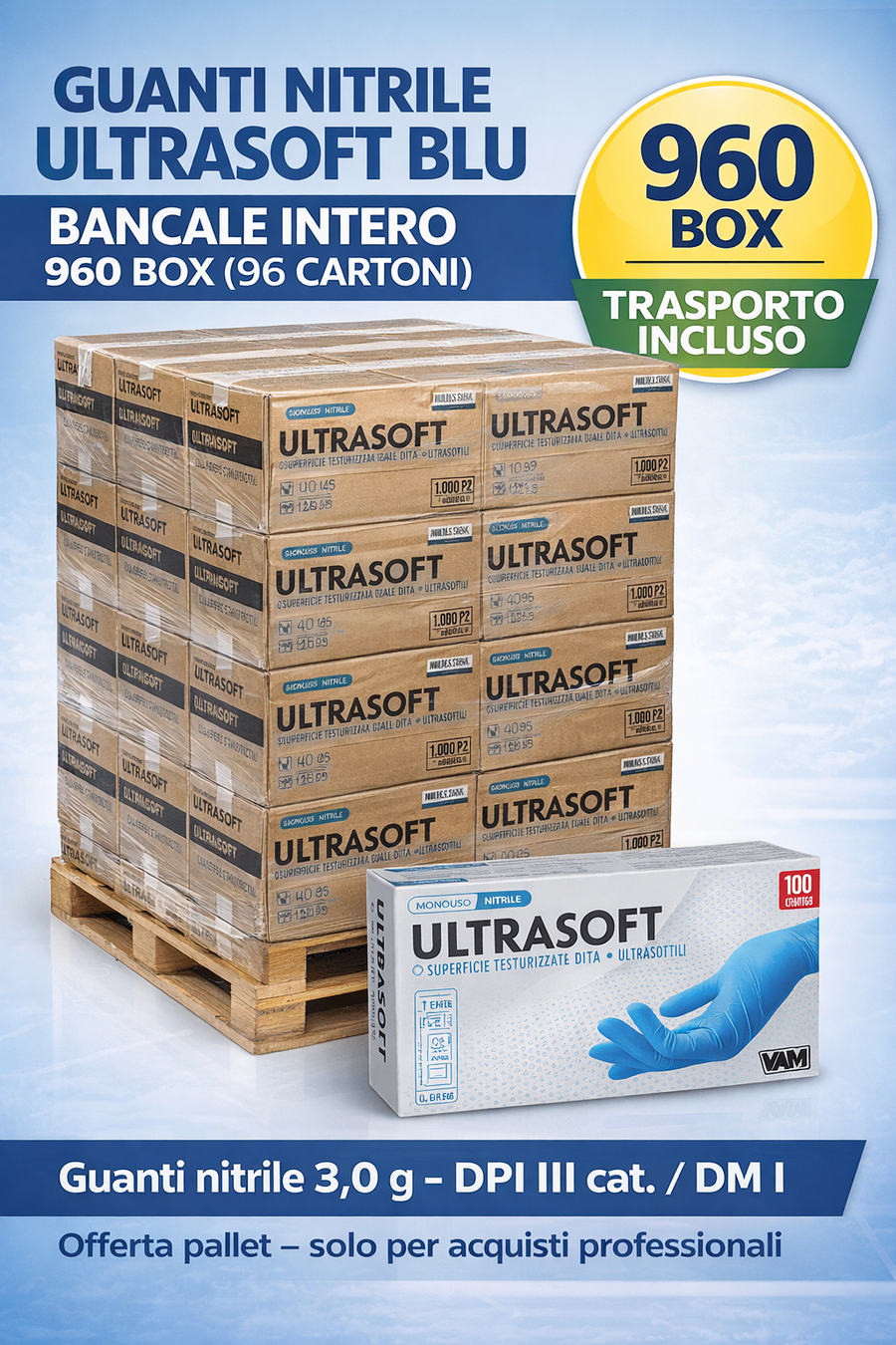Guanti nitrile ULTRASOFT blu 3,0g - pallet 960 box - DPI III cat. / DM classe I - trasporto incluso