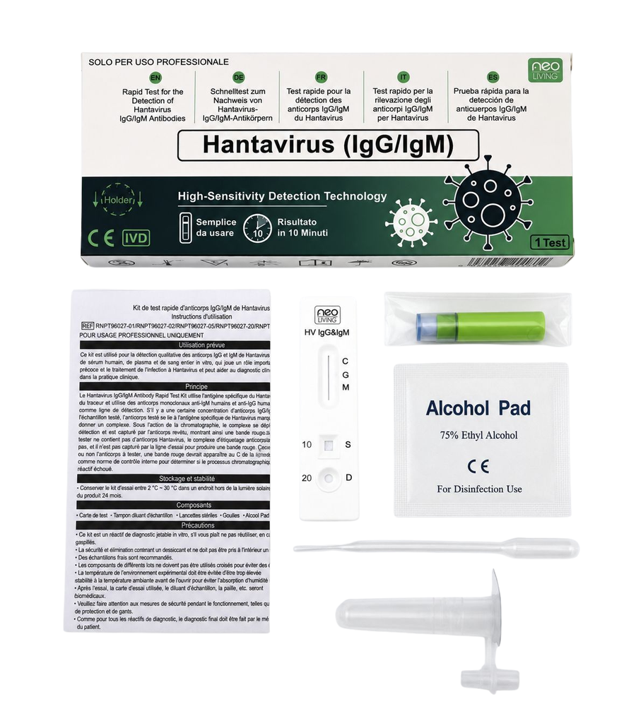 Contenuto kit test Hantavirus IgG/IgM - card, diluente, lancetta, gocciolatore, alcol pad