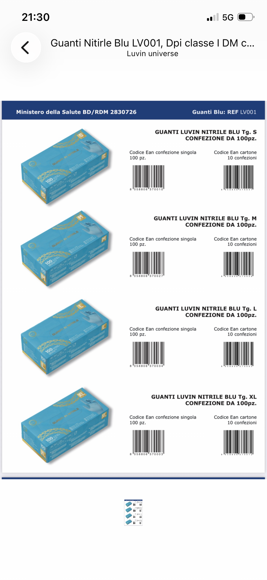 Guanti nitrile blu LV001, taglie S M L XL e codici EAN