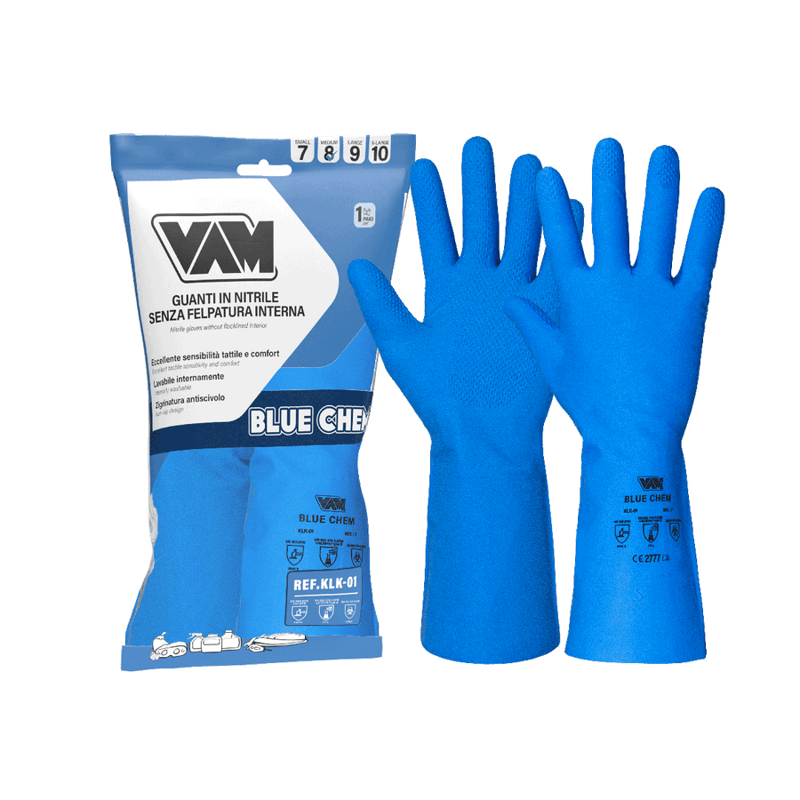Guanti nitrile chimici VAM Blue Chem NM-KLK01 - leggeri 310mm - cartone 144 paia