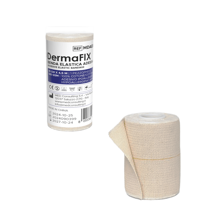 M+D Dermafix benda elastica adesiva per fissaggio medicazioni - non sterile - bianco con riga gialla