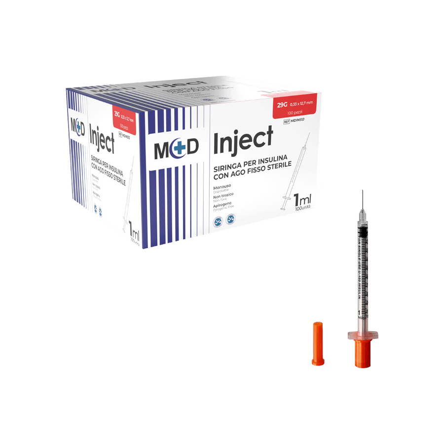 M+D Inject Insulina Siringa Monouso da Insulina 1ml con Ago Fisso 29G - Sterile