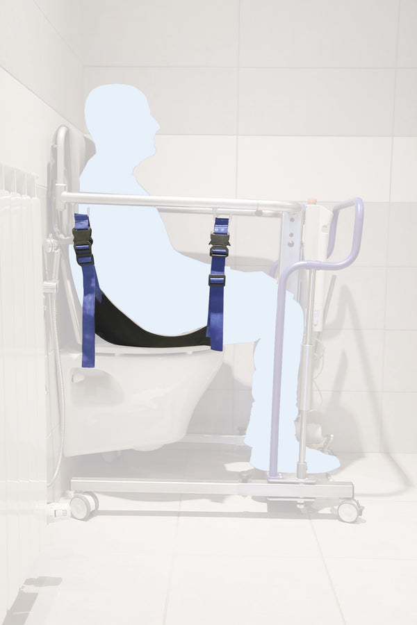 Imbracatura per toilette con fibbie per sollevatore pazienti, vista laterale