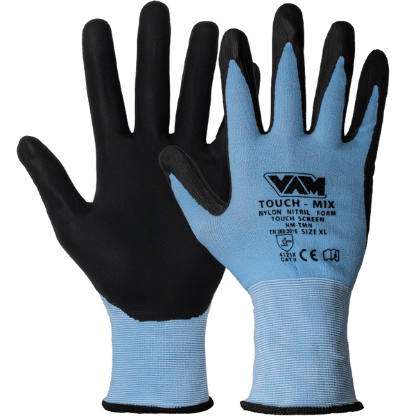 Guanti Nylon Spalmati Schiuma Nitrile VAM Touch Mix NM-TMN - Azzurro/Nero 240mm Touchscreen - Cartone 120 Paia