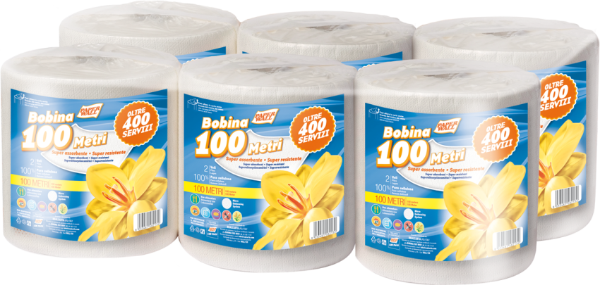 Bobina Professionale WALL159 - 2 Veli Pura Cellulosa - 100 m - 416 Strappi - Uso Alimentare - 6 Rotoli