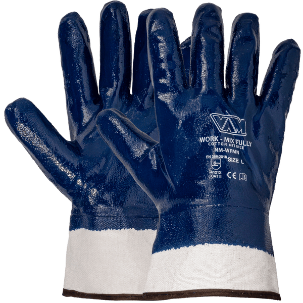 Guanti Cotone Interamente Spalmati NBR VAM Work Mix Fully NM-WFMN - Blu/Bianco 240mm Impermeabili - Cartone 120 Paia