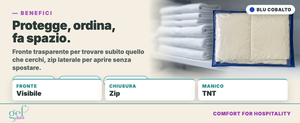 Custodia blu cobalto fronte trasparente, zip laterale, manico in TNT