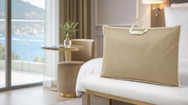 Custodia sabbia con bordino panna in camera hotel elegante