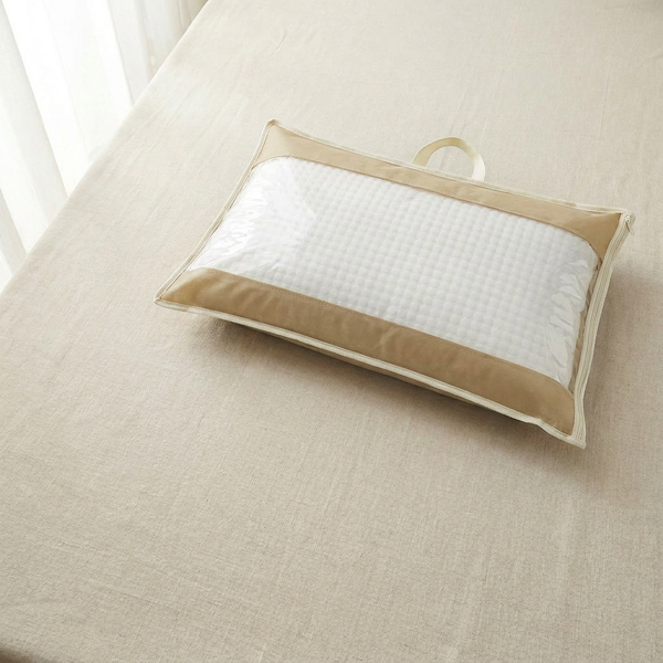 Custodia porta cuscino 81x51 cm sabbia con bordino panna, fronte PVC trasparente