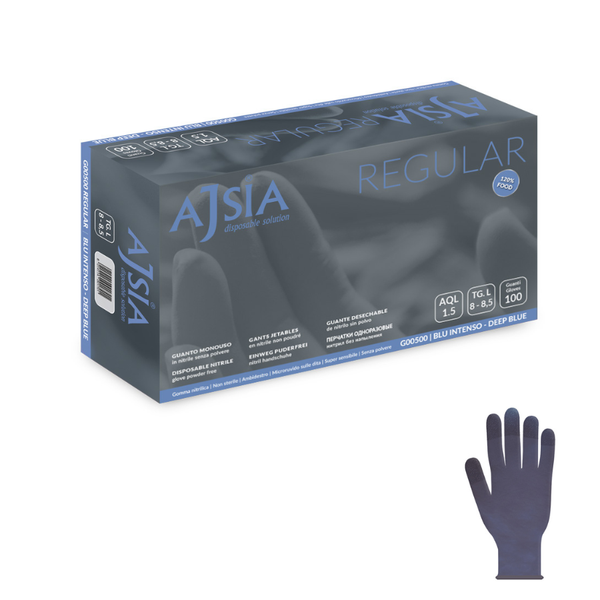 Guanti monouso nitrile blu Ajsia Regular 3,5g, senza lattice e polvere, per medicale laboratori e alimentare
