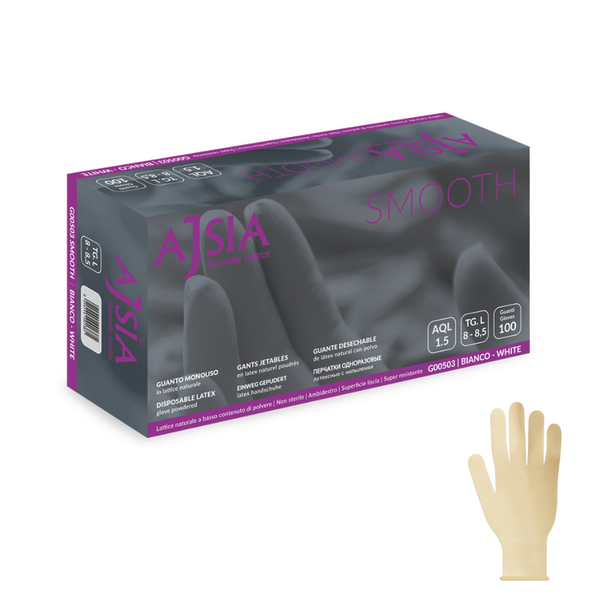 Guanti monouso lattice bianchi Ajsia smooth 5,4g superficie liscia, per uso medicale e odontoiatria