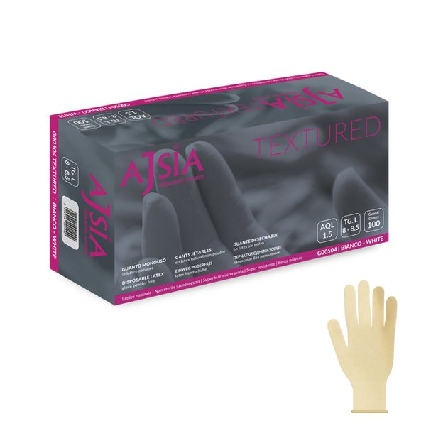 Guanti monouso lattice bianchi Ajsia textured 6g superficie testurizzata, grip sicuro per medicale e chirurgia