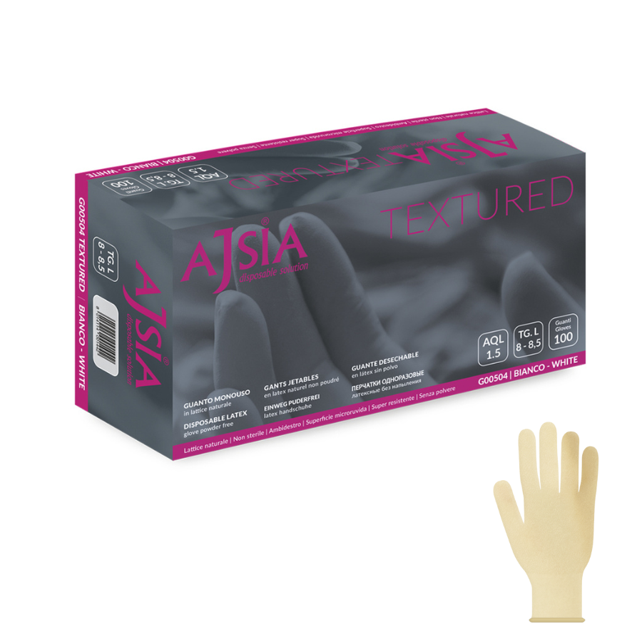 Guanti monouso lattice bianchi Ajsia textured 6g superficie testurizzata, grip sicuro per medicale e chirurgia
