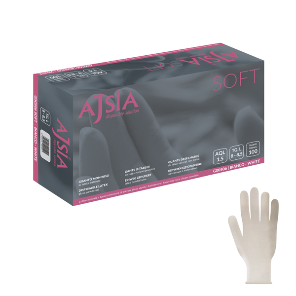 Guanti monouso in lattice naturale bianco Ajsia soft 5g per uso medicale e odontoiatrico