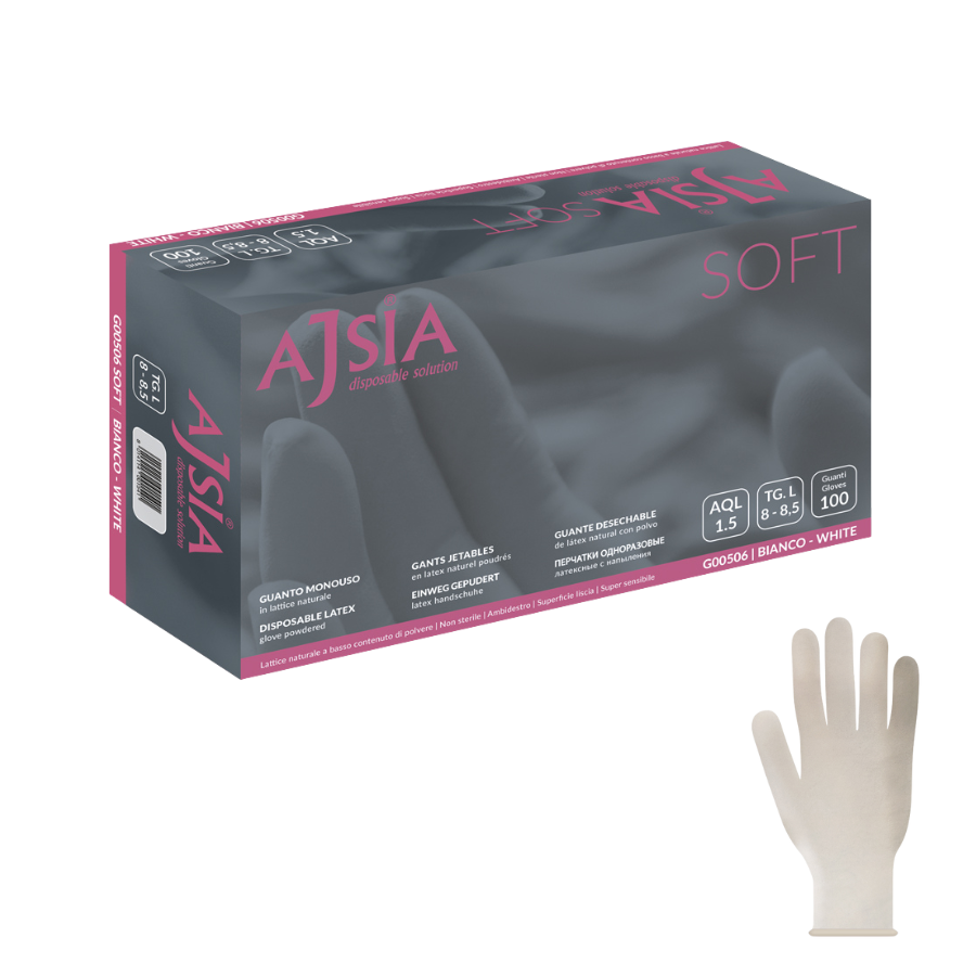 Guanti monouso in lattice naturale bianco Ajsia soft 5g per uso medicale e odontoiatrico