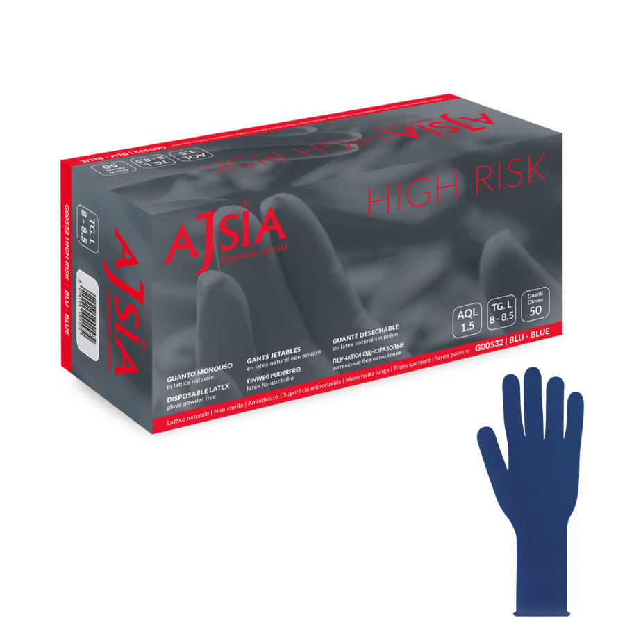 Guanti monouso in lattice blu Ajsia high risk 17g protezione massima per ambienti ad alto rischio