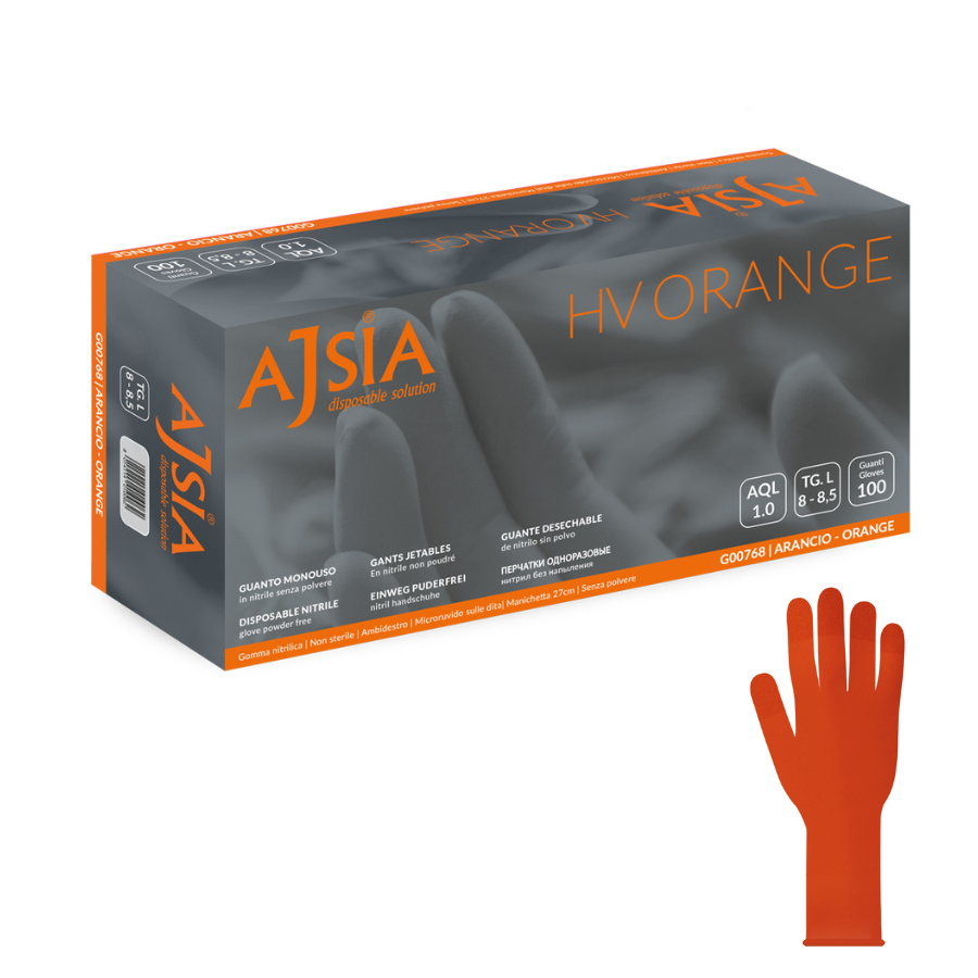 Guanti monouso nitrile arancione alta visibilita Ajsia HV Orange 6,8g per automotive, meccanica e industria