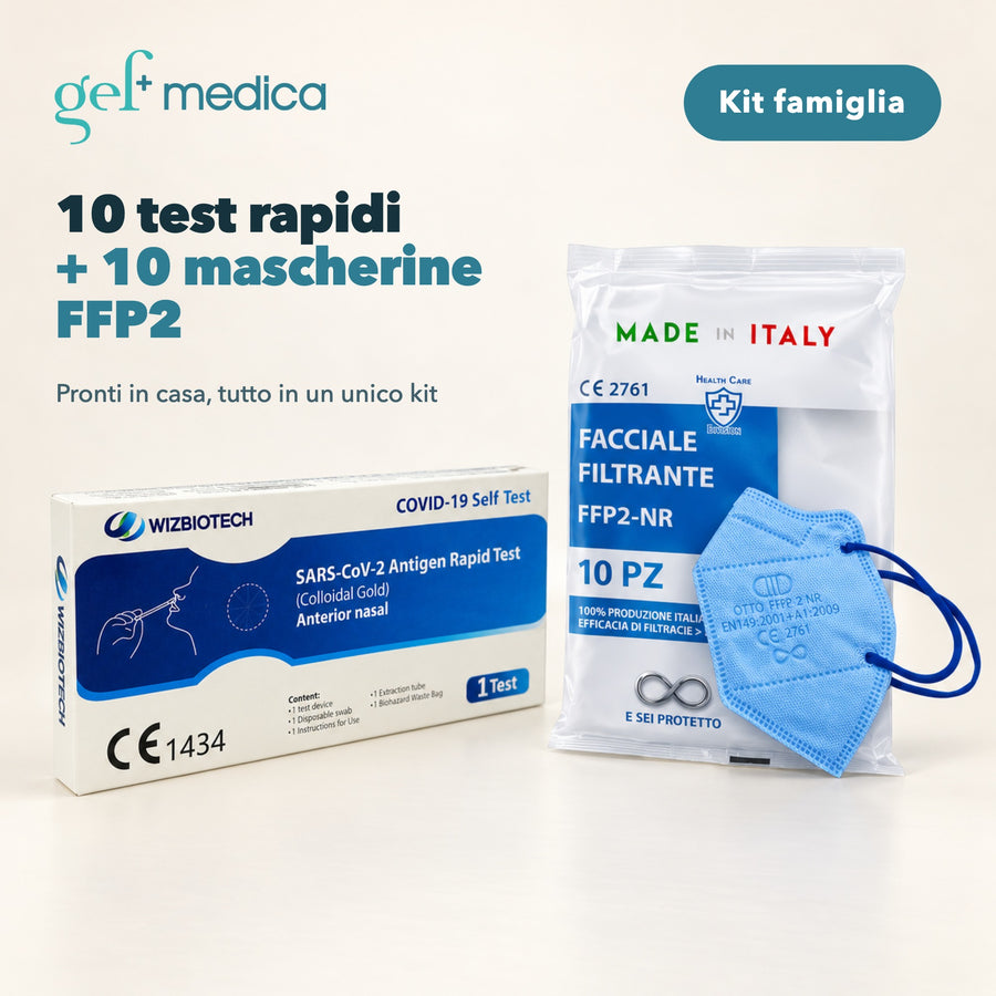 Kit 10 test antigenici COVID-19 + 10 mascherine FFP2 azzurre