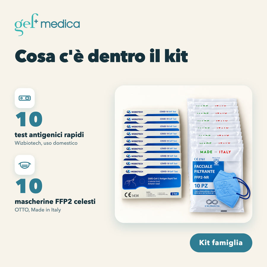 Kit 10 test antigenici COVID-19 + 10 mascherine FFP2 azzurre: contenuto della confezione