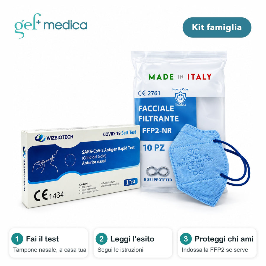 Kit 10 test antigenici COVID-19 + 10 mascherine FFP2 azzurre, vista in studio
