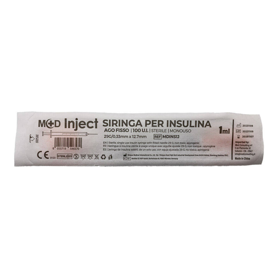 M+D Inject Insulina Siringa Monouso da Insulina 1ml con Ago Fisso 29G - Sterile