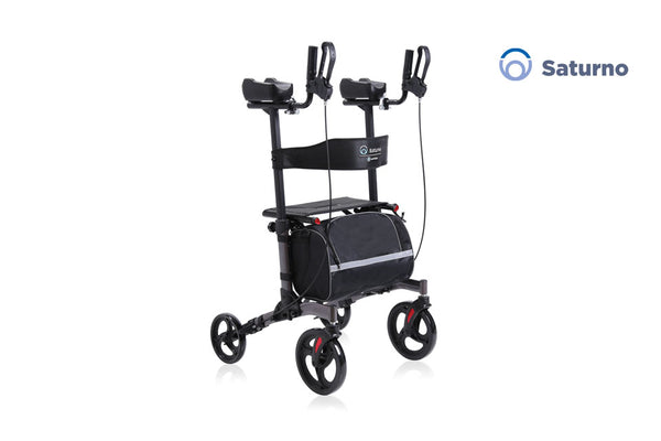 Rollator pieghevole in alluminio Saturno con appoggi antibrachiali, seduta e borsa