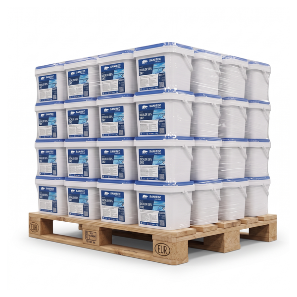 Sanitec SW Dichlor 56% - pallet secchi da 5 kg dicloro granulare per piscine, sfondo bianco ecommerce